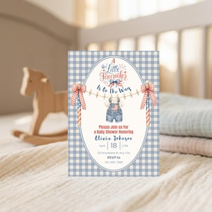 A Little Firecracker Baby Shower Invitation Template, Patriotic Baby Shower Invite, red, white and due 4th July Baby Shower, Editable Canva