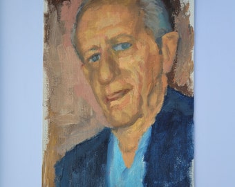 Vintage Original Mid Century Oil Painting Portrait of Man in Blue Blazer on Canvas Board Unsigned Unframed