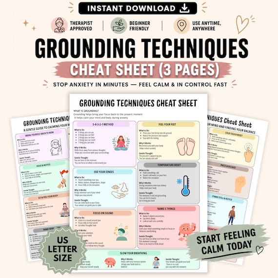 Grounding Techniques Cheat Sheet, Anxiety Relief Printable, Calm Down Fast, Panic Attack Help, Overthinking Support, Mental Health PDF