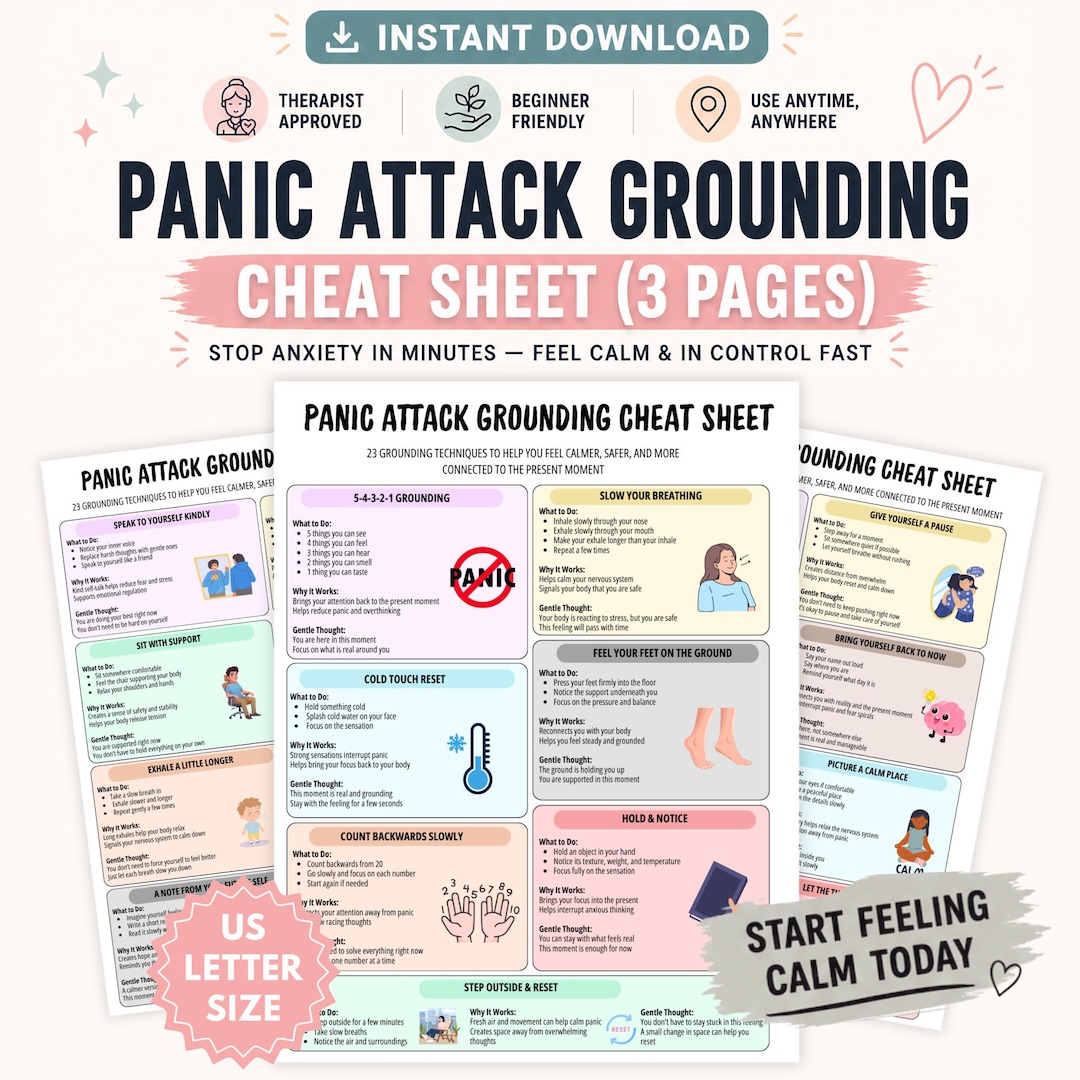 Panic Attack Grounding Cheat Sheet | 5-4-3-2-1 Anxiety Relief Printable ...