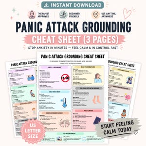 May include: A printable panic attack grounding cheat sheet with 3 pages. The sheet includes 23 grounding techniques to help feel calm, safe, and connected. The design is beginner-friendly and therapist-approved, with the text "Instant Download".