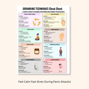 以下が含まれることがあります： 白とベージュのグラウンディングテクニックのチートシート。イラストとテキストで構成され、心を落ち着かせ、バランスを見つけるためのガイダンスを提供します。フレーズの繰り返しや匂いの感知など、さまざまなテクニックに関するセクションがあります。下部のテキストは「Feel Calm Fast (Even During Panic Attacks)」です。
