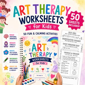 以下が含まれることがあります： 「Art Therapy Worksheets for Kids」のテキストが入った、子供向けのカラフルなアートセラピーワークシートブック。表紙には太陽、虹、ハートが描かれています。画像には、水彩絵の具のパレット、色鉛筆、ワークシートのサンプルも表示されています。
