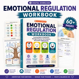 Puede incluir: Un libro de ejercicios de regulación emocional en descarga digital con una portada central que muestra el título, cuatro iconos de emociones coloridos y texto descriptivo. El libro está rodeado de páginas de muestra con un árbol de emociones.