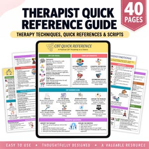 May include: A 40-page therapist quick reference guide featuring therapy techniques and scripts. The central document displays a CBT quick reference roadmap with sections for core models, concepts, session flow, and therapist questions with icons.