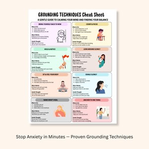 以下が含まれることがあります： イラストとテキストが入った、白とベージュのアーステクニックのチートシート。シートは心を落ち着かせ、バランスを見つけるためのガイドを提供します。タイトルは「GROUNDING TECHNIQUES Cheat Sheet」と書かれています。シートの下部には「Stop Anxiety in Minutes - Proven Grounding Techniques」と書かれています。