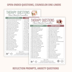 Puede incluir: Dos hojas de trucos blancas con preguntas de terapia para consejeros, que incluyen listas de preguntas abiertas, frases cortas, temas de reflexi&oacute;n y preguntas sobre ansiedad, con ilustraciones y notas de recordatorio al pie.