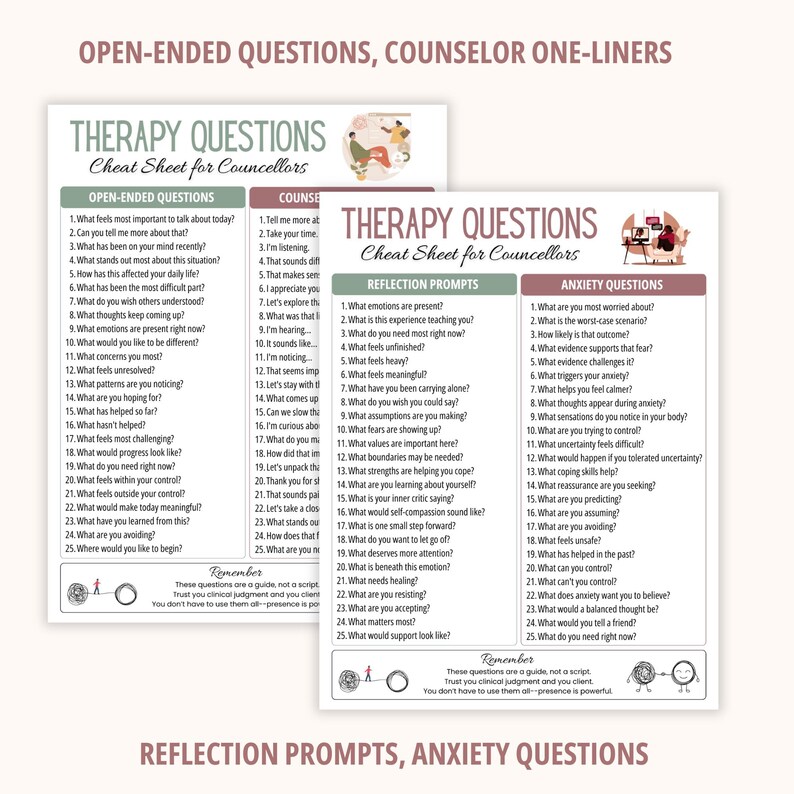 Puede incluir: Dos hojas de trucos blancas con preguntas de terapia para consejeros, que incluyen listas de preguntas abiertas, frases cortas, temas de reflexi&oacute;n y preguntas sobre ansiedad, con ilustraciones y notas de recordatorio al pie.