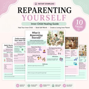 Könnte beinhalten: Ein 10-seitiger digitaler Leitfaden mit dem Titel REPARENTING YOURSELF Inner Child Healing Guide. Die Seiten enthalten pastellfarbene Layouts mit Text, Checklisten und Illustrationen von Personen in gemütlichen Umgebungen zur Selbstfürsorge.