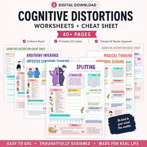 May include: A digital download of cognitive distortions worksheets and cheat sheets. The worksheets cover topics like arbitrary inference, imposter syndrome, and splitting. The design includes the text "40+ pages", "Evidence-Based", and "Therapist & Teacher Approved".