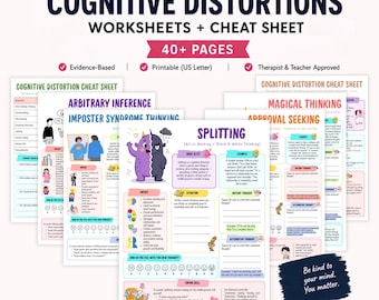 Paquete de hojas de trabajo sobre distorsiones cognitivas / Cuaderno de trabajo de terapia cognitivo-conductual / Más de 40 hojas de trabajo imprimibles sobre salud mental / PDF de autoayuda