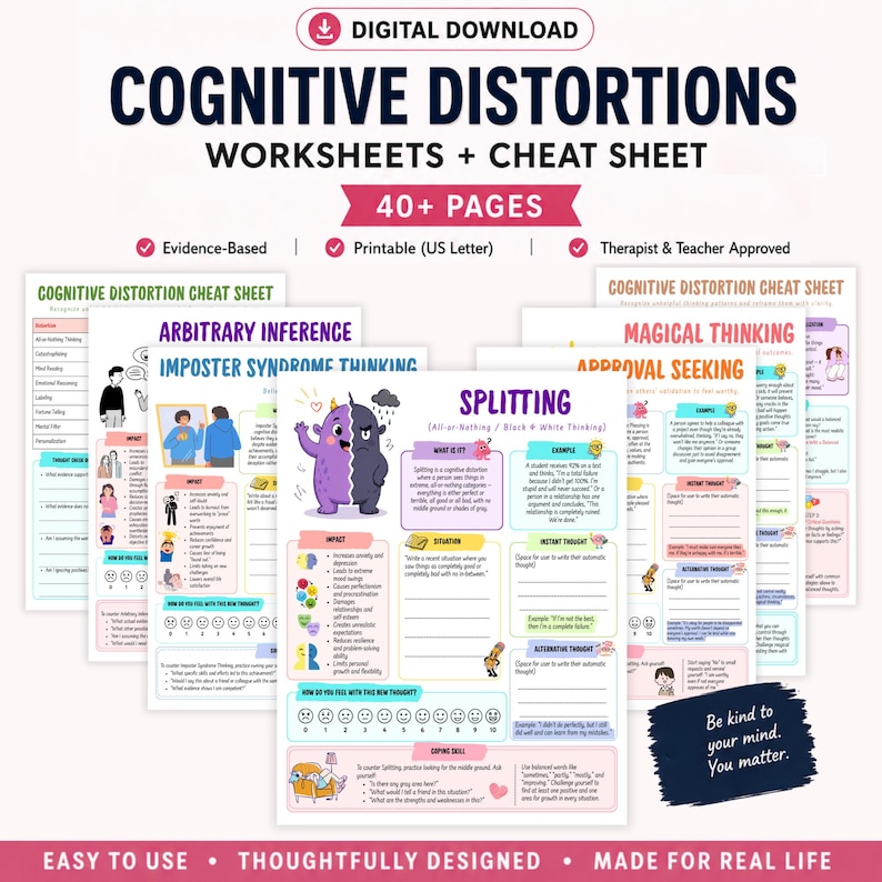 Cognitive Distortions Worksheets Bundle | CBT Therapy Workbook | 40 ...