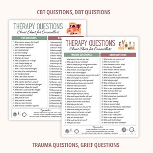 Puede incluir: Dos hojas de preguntas terap&eacute;uticas para consejeros. Una hoja enumera preguntas de TCC y DBT, la otra preguntas sobre trauma y duelo. Cada documento presenta listas numeradas, encabezados e ilustraciones de personas y formas en tonos suaves.