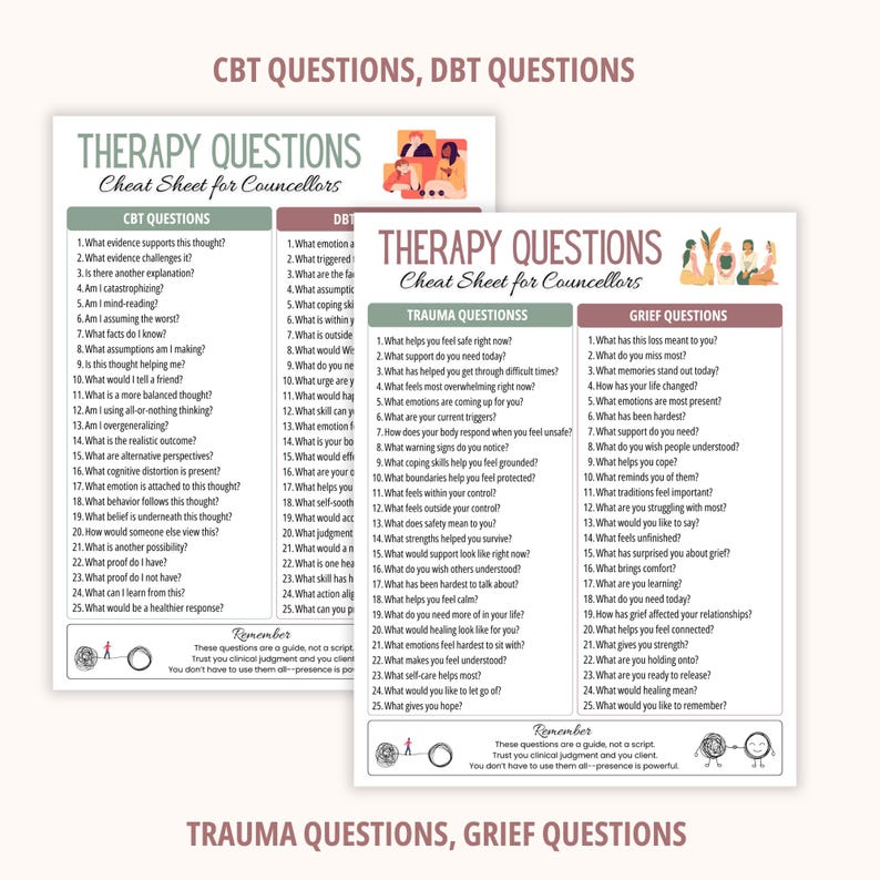 Puede incluir: Dos hojas de preguntas terap&eacute;uticas para consejeros. Una hoja enumera preguntas de TCC y DBT, la otra preguntas sobre trauma y duelo. Cada documento presenta listas numeradas, encabezados e ilustraciones de personas y formas en tonos suaves.