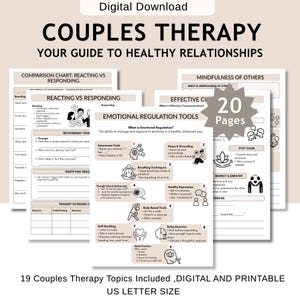 May include: Digital download of a couples therapy guide with 20 pages. The guide includes topics on emotional regulation, mindfulness, and communication. The text includes "Couples Therapy" and "Your Guide to Healthy Relationships."