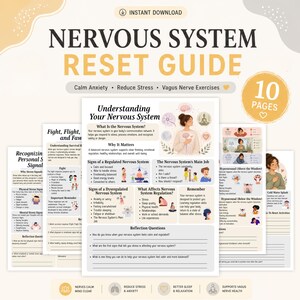Könnte beinhalten: Ein 10-seitiger digitaler Leitfaden zur Regulierung des Nervensystems mit erklärenden Texten, Illustrationen von Personen und Reflexionsfragen. Die Seiten behandeln Themen wie das Nervensystem, Stresssignale sowie verschiedene Übungen zur Entspannung.