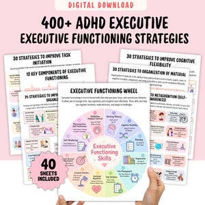 Puede incluir: Una descarga digital con más de 400 estrategias de funcionamiento ejecutivo para el TDAH. La imagen incluye varias hojas con títulos como "Executive Functioning Wheel" y "30 estrategias para mejorar la iniciación de tareas".