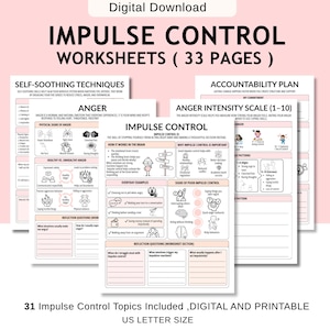 May include: Digital download of impulse control worksheets. The worksheets include self-soothing techniques, anger management, and an anger intensity scale. The printable pages also cover impulse control, everyday examples, and reflection questions. US Letter size.