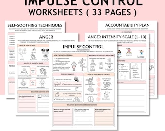 33 hojas de trabajo para el control de impulsos / Regulación emocional / Hojas de trabajo para terapia / Herramientas de terapia para adolescentes y adultos