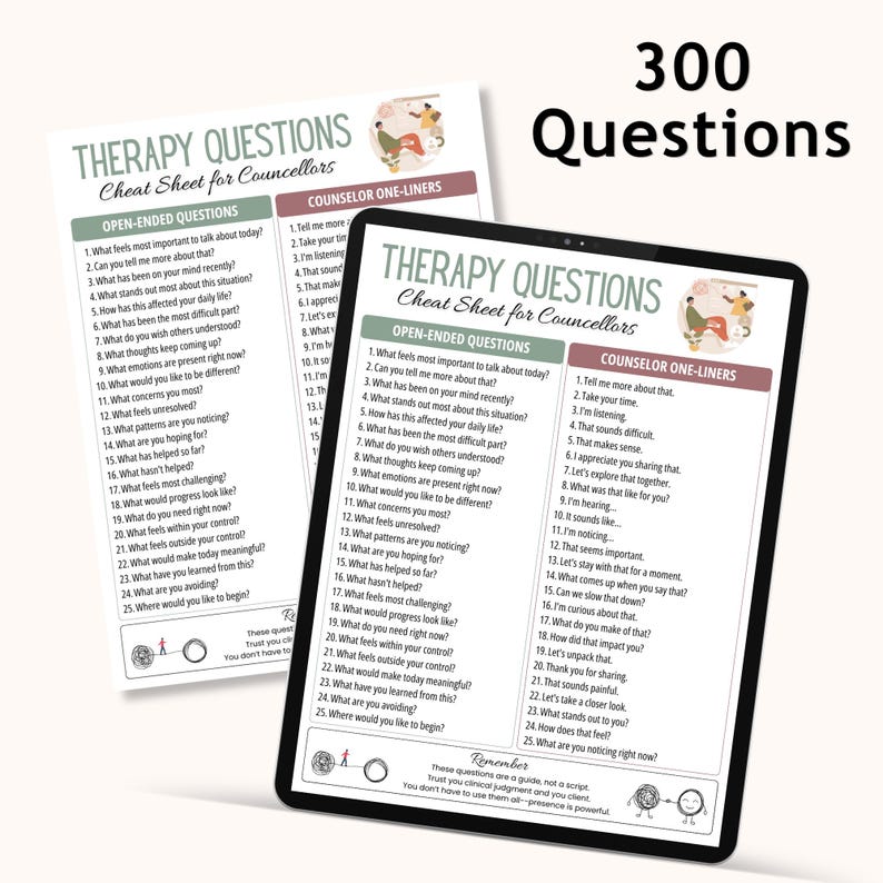 Puede incluir: Una tableta digital y una hoja impresa que muestra 300 Therapy Questions Cheat Sheet for Counselors. El documento incluye secciones de preguntas abiertas y frases para consejeros, junto a una peque&ntilde;a ilustraci&oacute;n de dos personas.