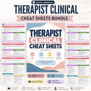 Könnte beinhalten: Ein digitales Download-Paket mit klinischen Spickzetteln für Therapeuten, bestehend aus 162 Seiten und 40 Therapien im US-Letter-Format. Die Dokumente enthalten Leitfäden für KVT, DBT, MI, Lösungsfokussierte Therapie, KPT und Trauma-fokussierte KVT mit Abschnitten zu Schlüsselkonzepten, Techniken, Interventionen und praktischer Anwendung.
