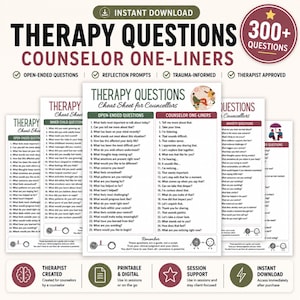 May include: A collection of digital therapy resource sheets titled Therapy Questions and Counselor One-Liners. The documents feature lists of open-ended questions, reflection prompts, and anxiety-focused inquiries designed for clinical counseling sessions.