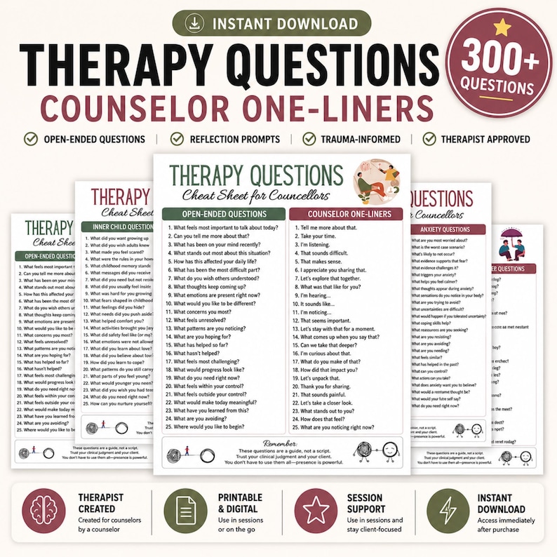 Puede incluir: Una colecci&oacute;n de hojas de recursos terap&eacute;uticos digitales tituladas Therapy Questions y Counselor One-Liners. Los documentos incluyen listas de preguntas abiertas, sugerencias de reflexi&oacute;n y consultas sobre ansiedad para sesiones cl&iacute;nicas.