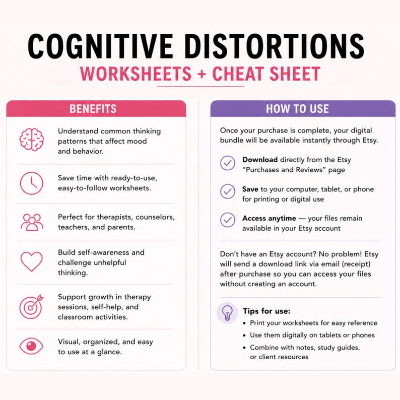 Cognitive Distortions Worksheets Bundle | CBT Therapy Workbook | 40 ...