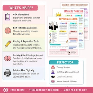 May include: A collection of printable worksheets and guides for mental wellness. The image features a pink and white graphic with the text "What's Inside?" and details on worksheets, self-reflection activities, coping tools, and anxiety support. Also includes "Perfect For" therapy sessions and self-help.