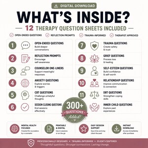 Puede incluir: Una infograf&iacute;a de descarga digital titulada WHAT'S INSIDE? que presenta 12 hojas de preguntas de terapia, incluyendo preguntas abiertas, reflexiones, consejos, y temas como ansiedad, TCC, duelo, autoestima, relaciones, DBT y el ni&ntilde;o interior con m&aacute;s de 300 preguntas a&ntilde;adidas.