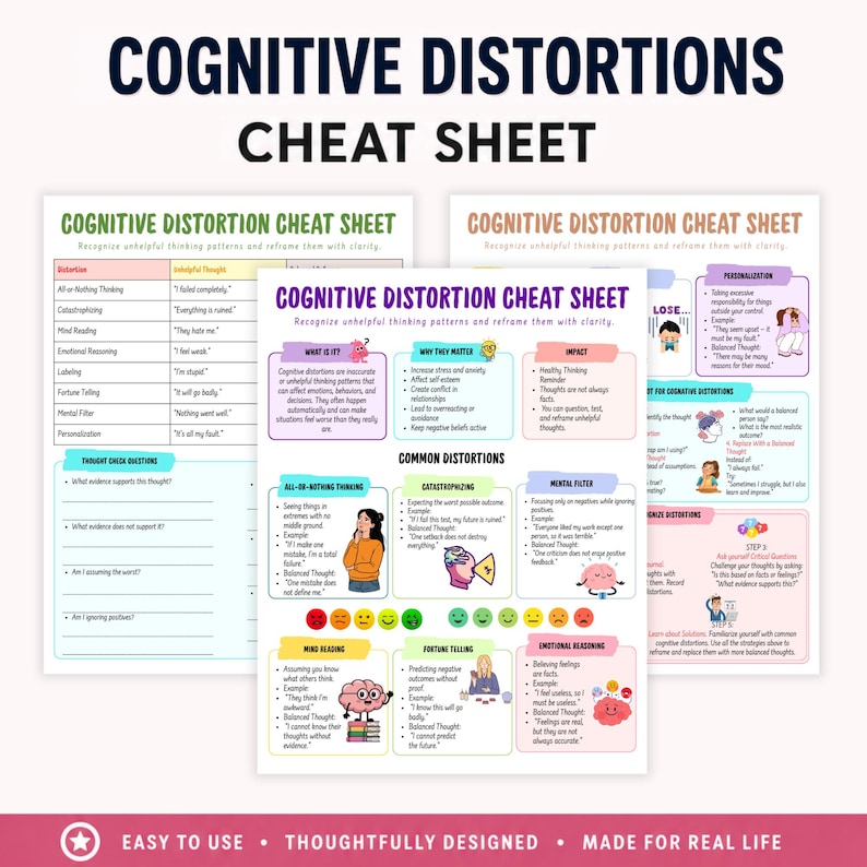 May include: A set of three colorful Cognitive Distortion Cheat Sheets. The sheets feature text and graphics explaining cognitive distortions, including categories like "All-or-Nothing Thinking" and "Catastrophizing". The bottom of the sheets read "Easy to Use &bull; Thoughtfully Designed &bull; Made for Real Life".