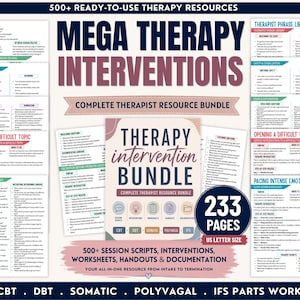 May include: A digital therapy resource bundle featuring 233 pages of intervention scripts, worksheets, and handouts. The cover displays the text Mega Therapy Interventions and Therapy Intervention Bundle, with icons for CBT, DBT, Somatic, Polyvagal, and IFS.