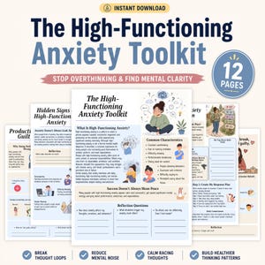 Puede incluir: Un kit de herramientas digital de 12 páginas titulado The High-Functioning Anxiety Toolkit, que incluye contenido educativo, preguntas de reflexión e ilustraciones de personas gestionando el estrés. Las páginas contienen secciones sobre características comunes, signos de salud mental y planes de respuesta.