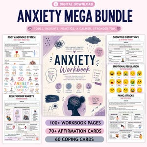 May include: An Anxiety Mega Bundle digital download featuring a central workbook cover titled Anxiety Workbook with illustrations of a person, a brain, and clouds. Surrounding pages detail body and nervous system, cognitive distortions, and coping skills.