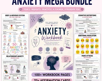 Angst Mega Bündel | 100+ Workbook-Seiten, 70+ Affirmationskarten & 60 Lernkarten | Arbeitsblätter zur Angstlinderung | Psychische Gesundheit zum Ausdrucken