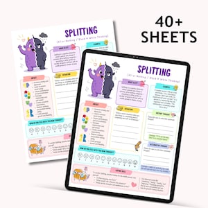 May include: Two sheets with the title "Splitting" and the subtitle "All-or-Nothing / Black & White Thinking". The sheets have illustrations of a purple and black monster. The text "40+ Sheets" is in the upper right corner.