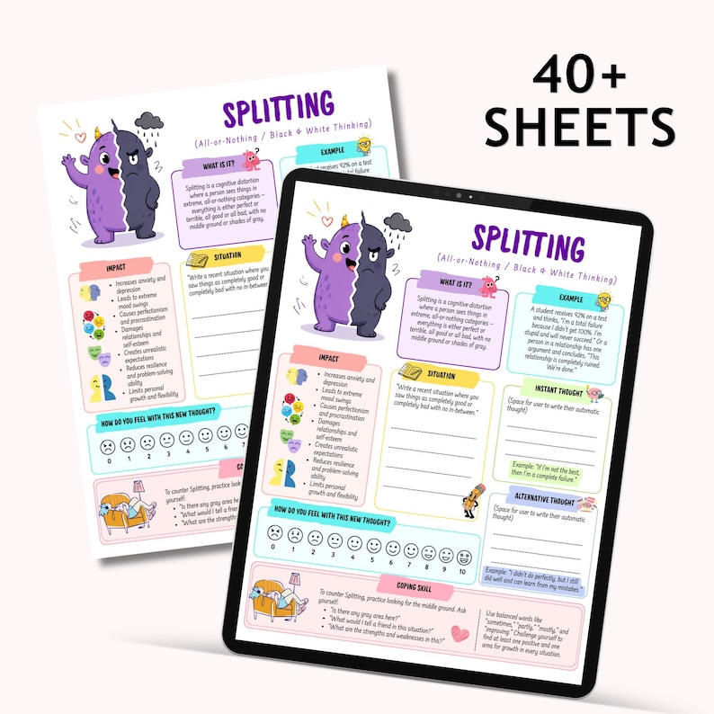 May include: Two sheets with the title "Splitting" and the subtitle "All-or-Nothing / Black & White Thinking". The sheets have illustrations of a purple and black monster. The text "40+ Sheets" is in the upper right corner.
