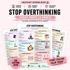 Puede incluir: Una hoja de trucos imprimible rosa y blanca titulada "Stop Overthinking" con 23 herramientas para calmar los pensamientos. El diseño incluye ilustraciones y texto, con las palabras "Descarga instantánea". Tamaño carta estadounidense.