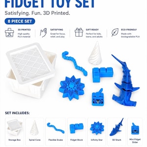 Pode incluir: Um conjunto de brinquedos fidget impressos em 3D com oito peças, incluindo uma caixa de armazenamento, um cone espiral, uma cobra flexível, um bloco fidget, uma estrela infinita, um tubarão 3D e um mini controle deslizante fidget. Feito de PLA de alta qualidade, para alívio do estresse.