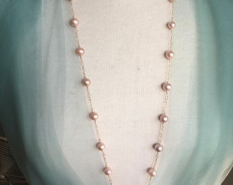 Long Strand Pearl Station Necklace Pink Pearl Jewelry 30th