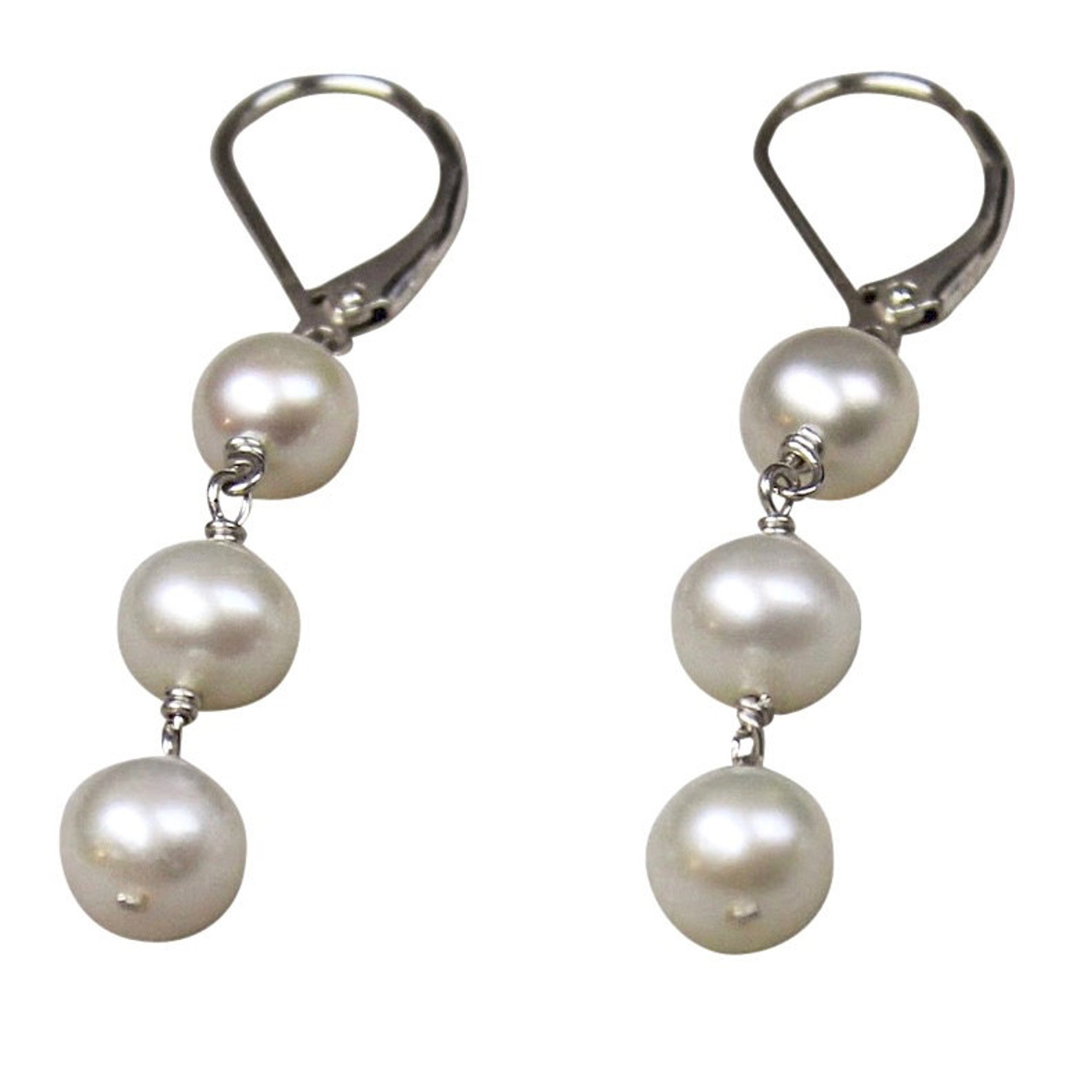 Dangle Pearl Earring Triple Drop Pearl 3 Pearls Sterling Etsy