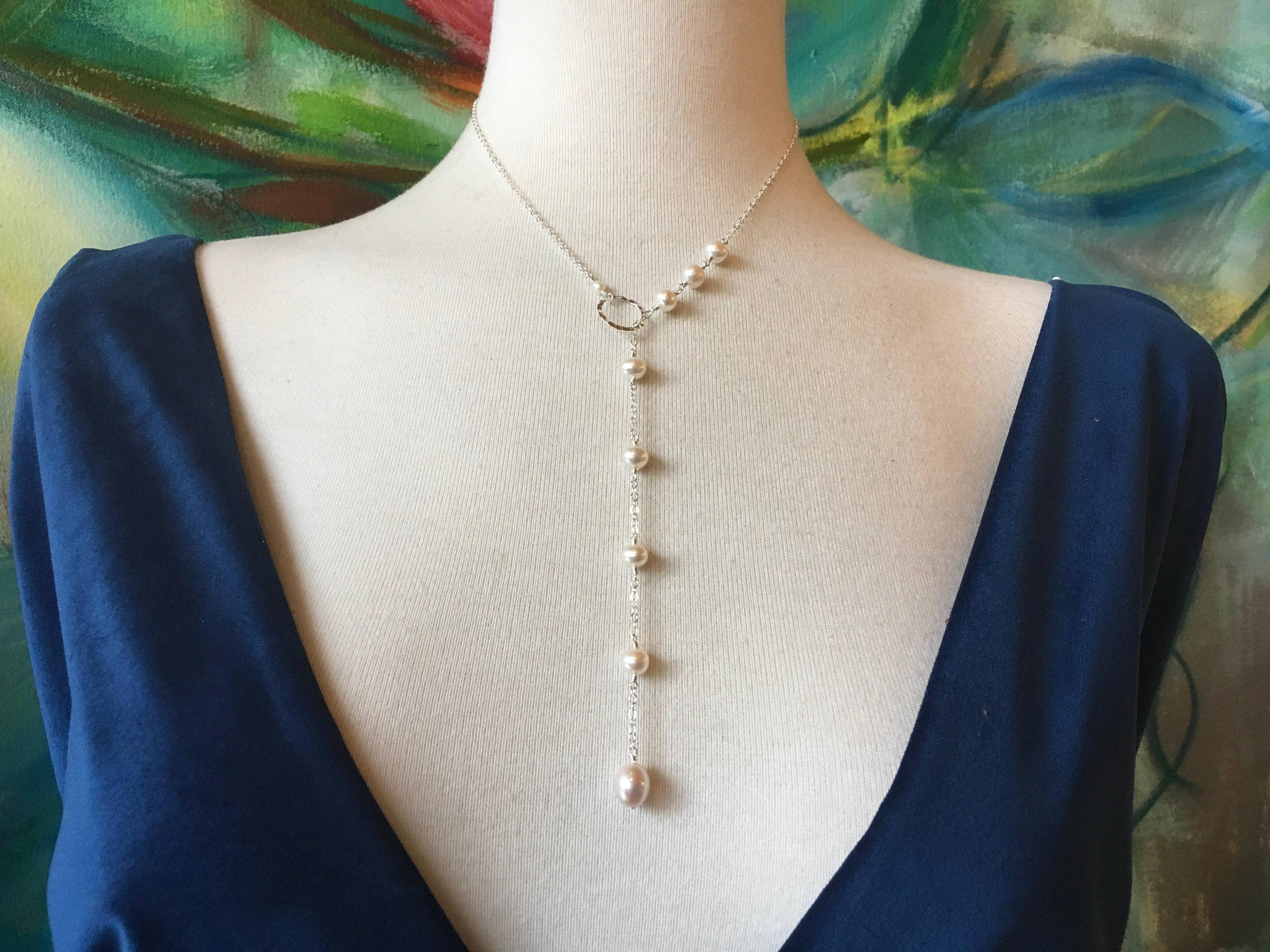 Long Pearl Necklace Assymetrical Y 