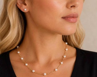 Real Pearl Station Necklace | Cultured Freshwater Pearls | Tin Cup Pearl Choker| 14k Gold Fill or Sterling Silver Chain | Graduation Gift