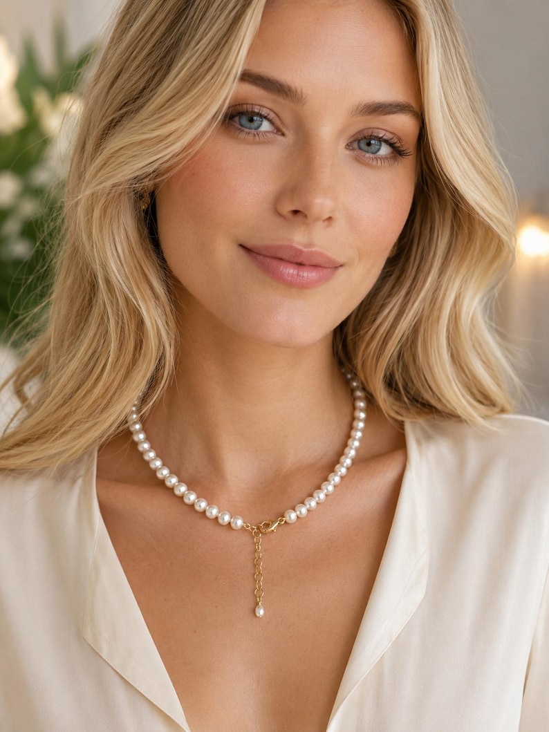Pu&ograve; includere: Una collana composta da un filo di perle bianche rotonde con una chiusura a moschettone in metallo color oro. Una corta catenella di estensione dorata pende dalla chiusura, terminando con una singola piccola perla all'estremit&agrave;.