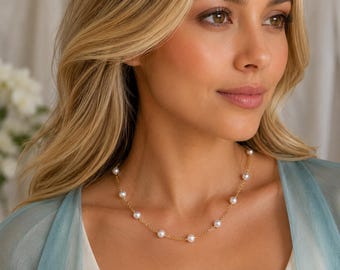 Collar con perlas auténticas / Diseño de copa de estaño con perlas cultivadas de agua dulce / Largo ajustable bañado en oro de 14k / Regalo de graduación para ella