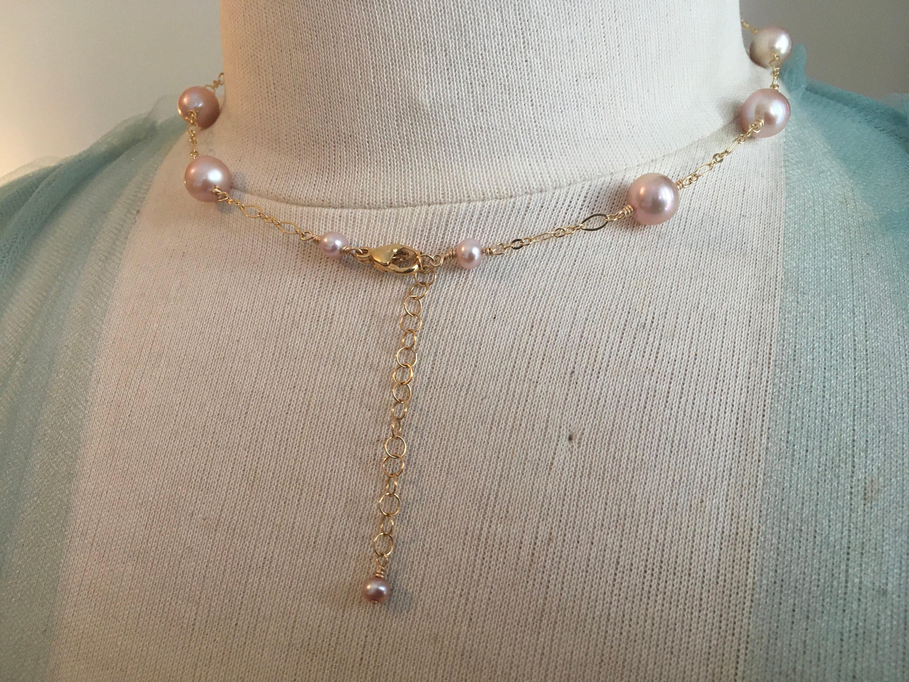 Long Strand Pearl Station Necklace Pink Pearl Jewelry 30th