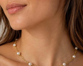 Real Pearl Station Necklace | Genuine Cultured Freshwater Tin Cup Design | 14k Gold Fill Adjustable Length | Graduation Gift For Her