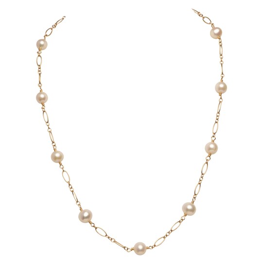 14K Yellow Gold Tin Cup Bracelet With Cultured Freshwater Pearls 7-8.5 Inch