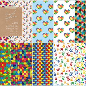 May include: A collection of colorful vinyl sheets with various patterns. Designs include puzzle pieces, handprints, and heart shapes, all in vibrant colors. A brown paper card displays the text "Vinyl Options".