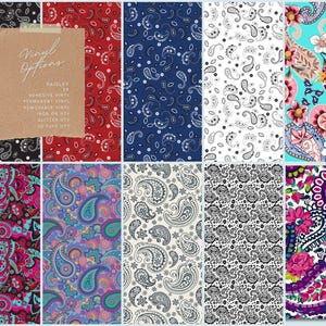 Może przedstawiać: Kolekcja opcji winylowych z wzorem paisley w różnych kolorach, w tym czarnym, czerwonym i niebieskim. Obraz zawiera również etykietę z papieru kraft z napisem "Vinyl Options" i szczegółami produktu.